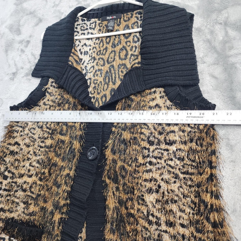 Style&Co Sweater Vest Womens L Brown Black Animal Print Fuzzy Knit Shawl Collar - Picture 6 of 8